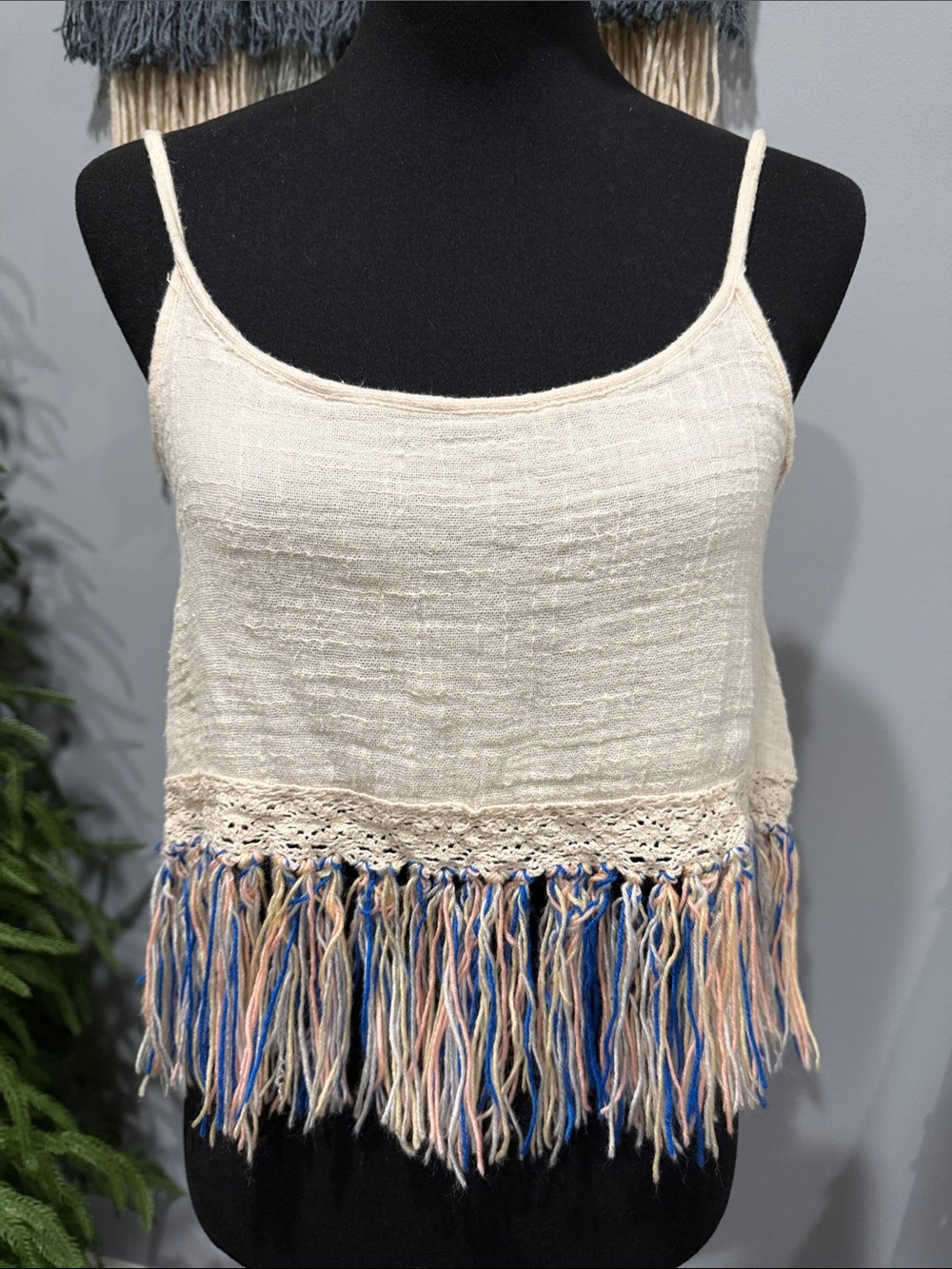 Last Days! Surf Gypsy Fringe Crochet Cami Tank Top Cream Boho Beach Small